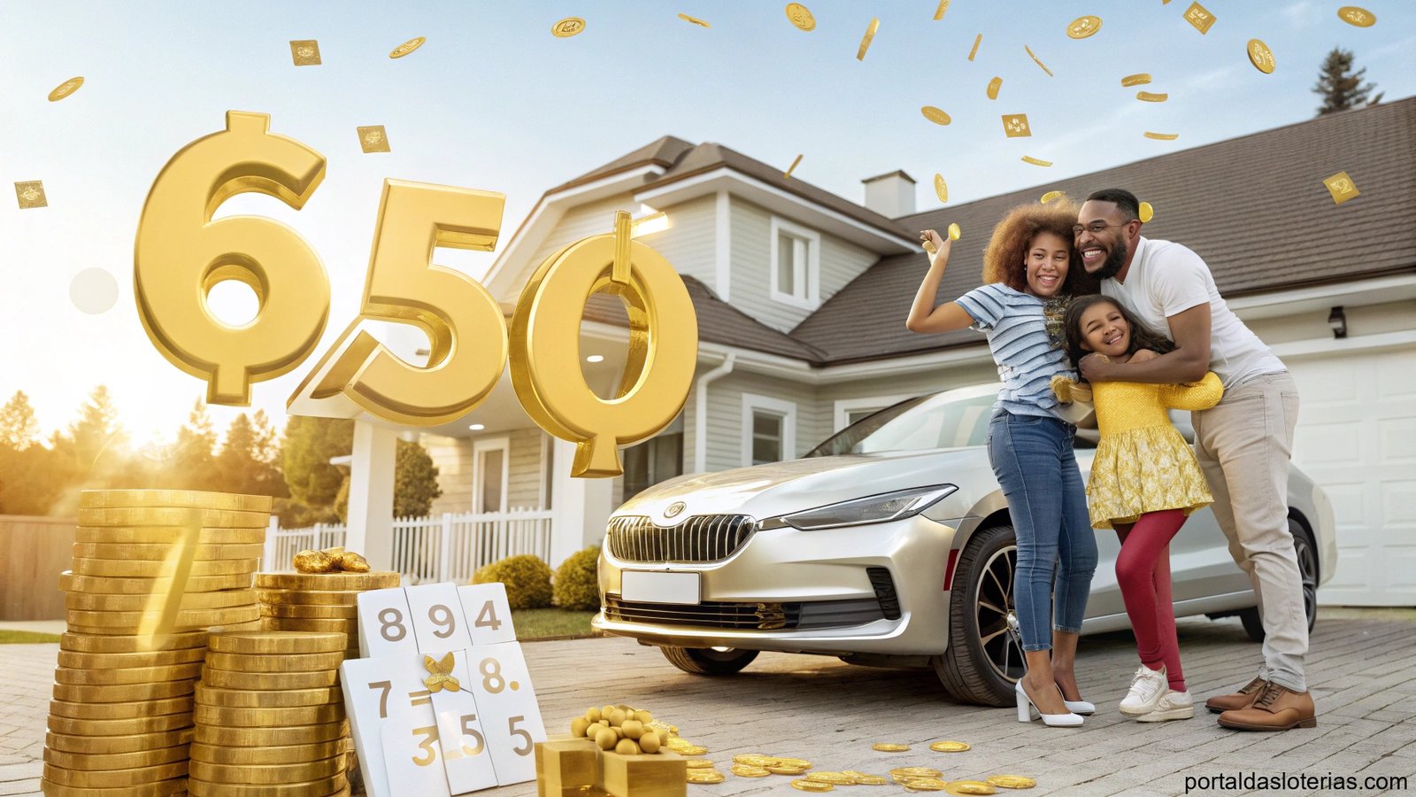 Imagem de pessoas celebrando sorte e prosperidade perto de um carro novo e uma casa, representando sucesso na loteria.