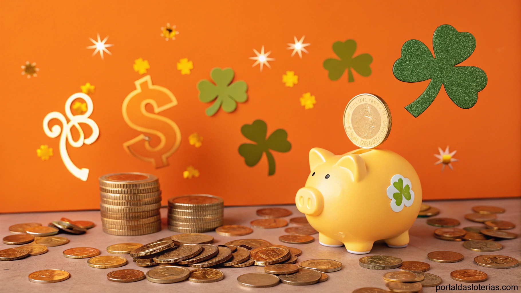 Imagem de símbolos de sorte como moedas e trevo, representando sucesso e riqueza, com tons de laranja e dourado.