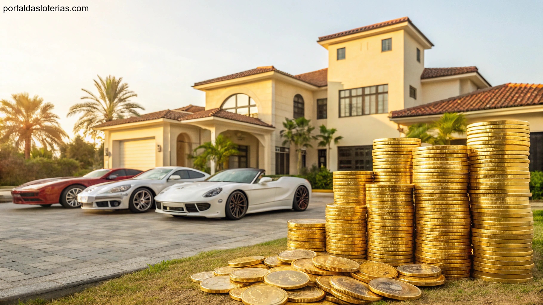Imagem representando sorte e riqueza, com moedas douradas, casa dos sonhos e carro de luxo
