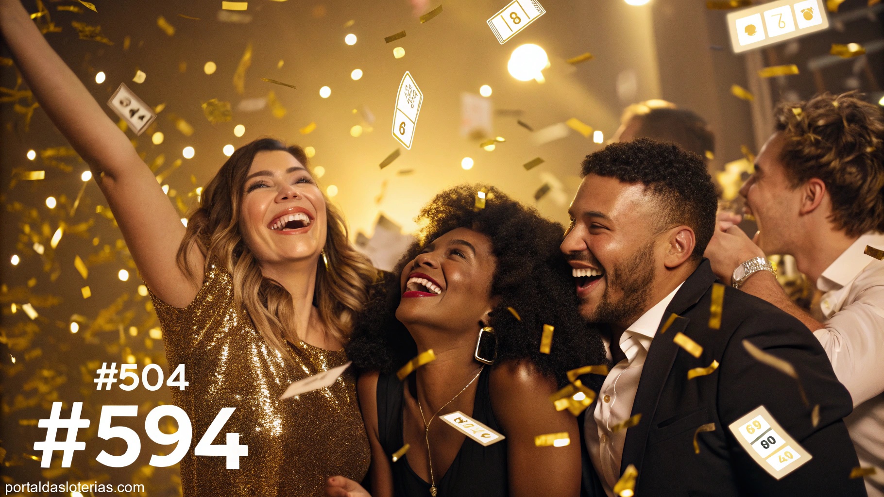 Imagem de pessoas celebrando sorte e sucesso, com confetes dourados e luzes brilhantes.