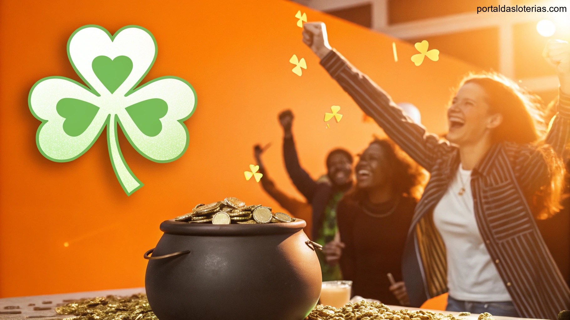 Imagem de símbolos de sorte e prosperidade com pessoas celebrando.