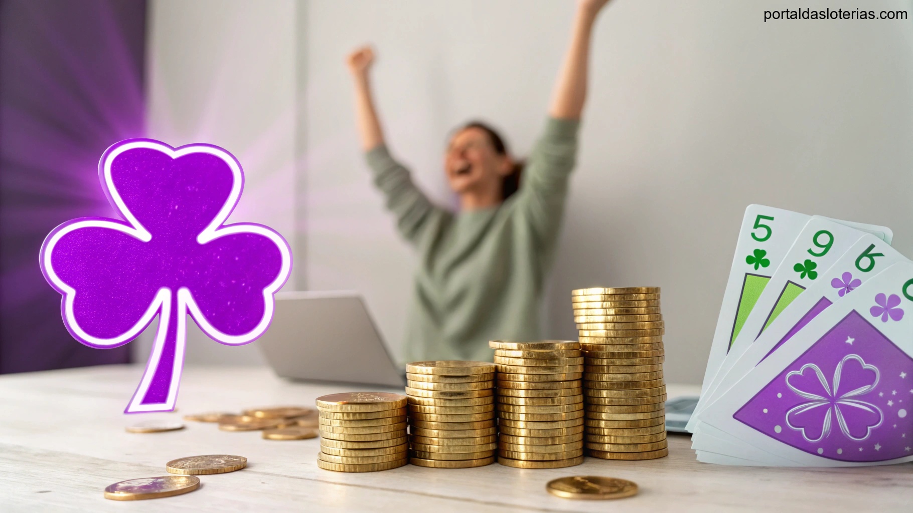 Imagem de sorte e riqueza com cores roxo e dourado, incluindo moedas e trevo brilhante.