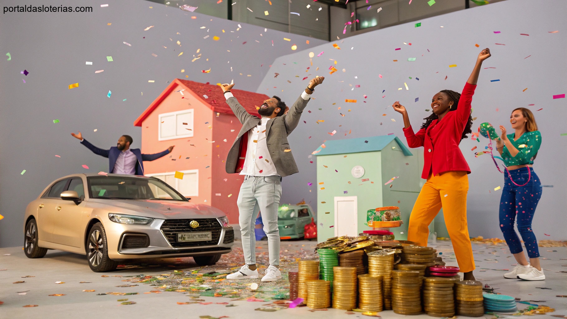 imagem de pessoas celebrando com confetes, simbolizando sorte e riqueza