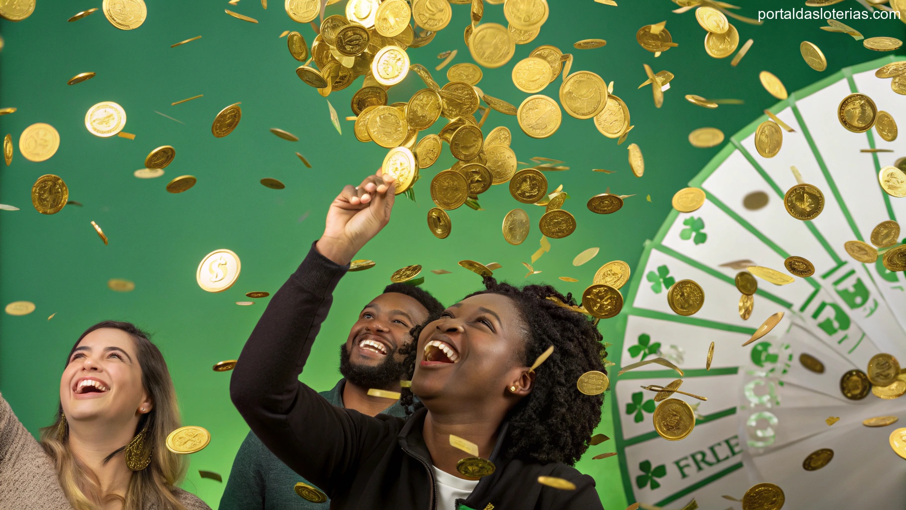 Imagem de pessoas comemorando com moedas de ouro caindo, simbolizando sorte e prosperidade.