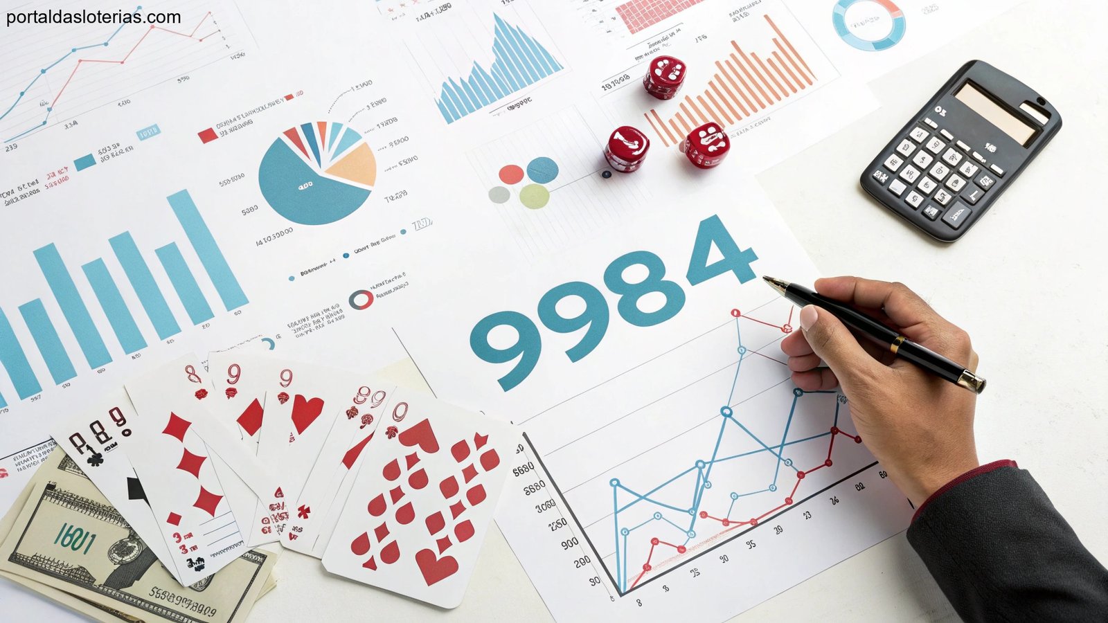 Análise matemática e financeira representada em gráficos e símbolos abstratos com cores que remetem à Lotofácil.