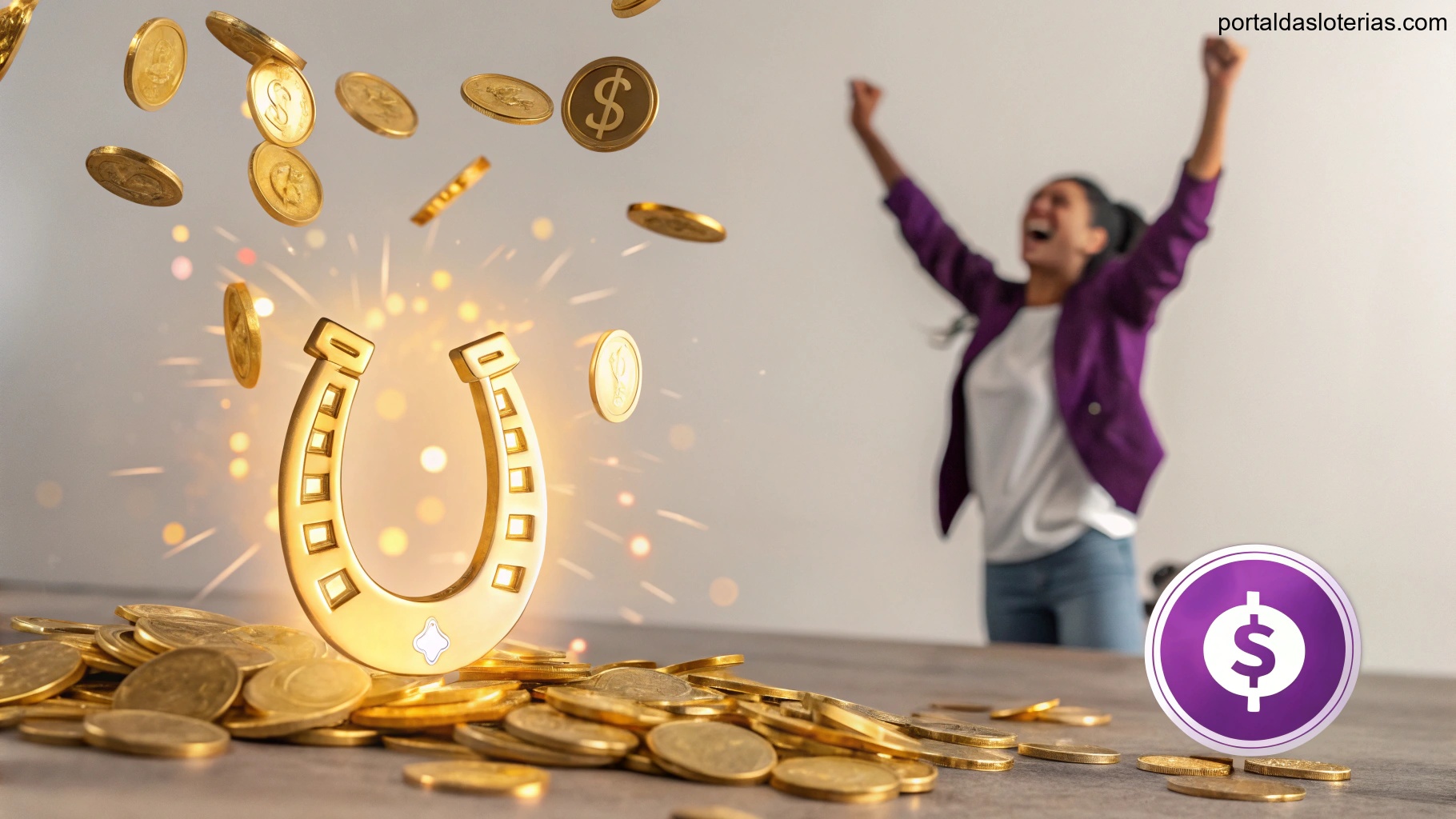Imagem de sorte com moedas de ouro, ferradura brilhante e pessoa comemorando.
