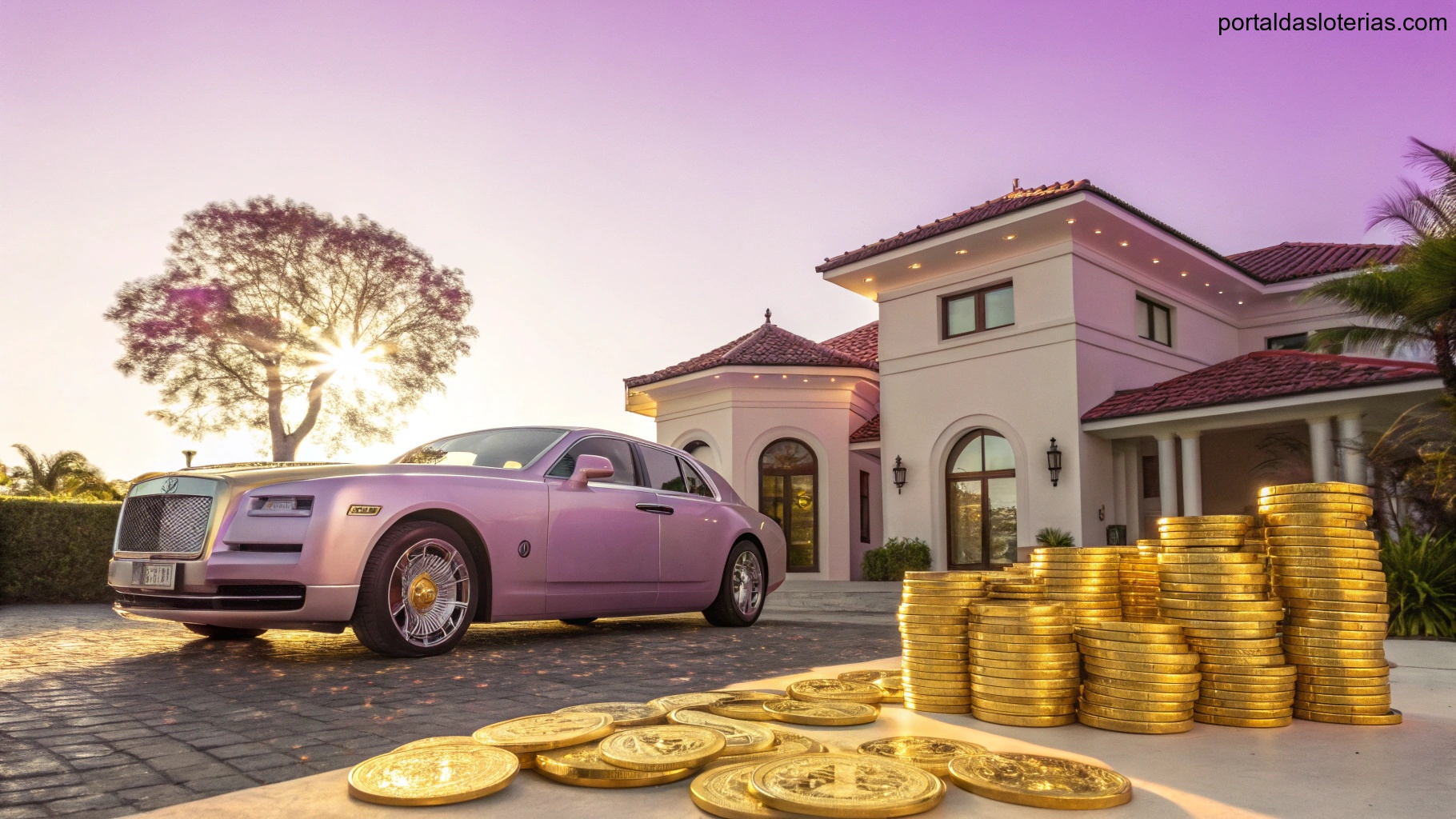 imagem de símbolos de riqueza como moedas, carro e casa luxuosa destacando a sorte