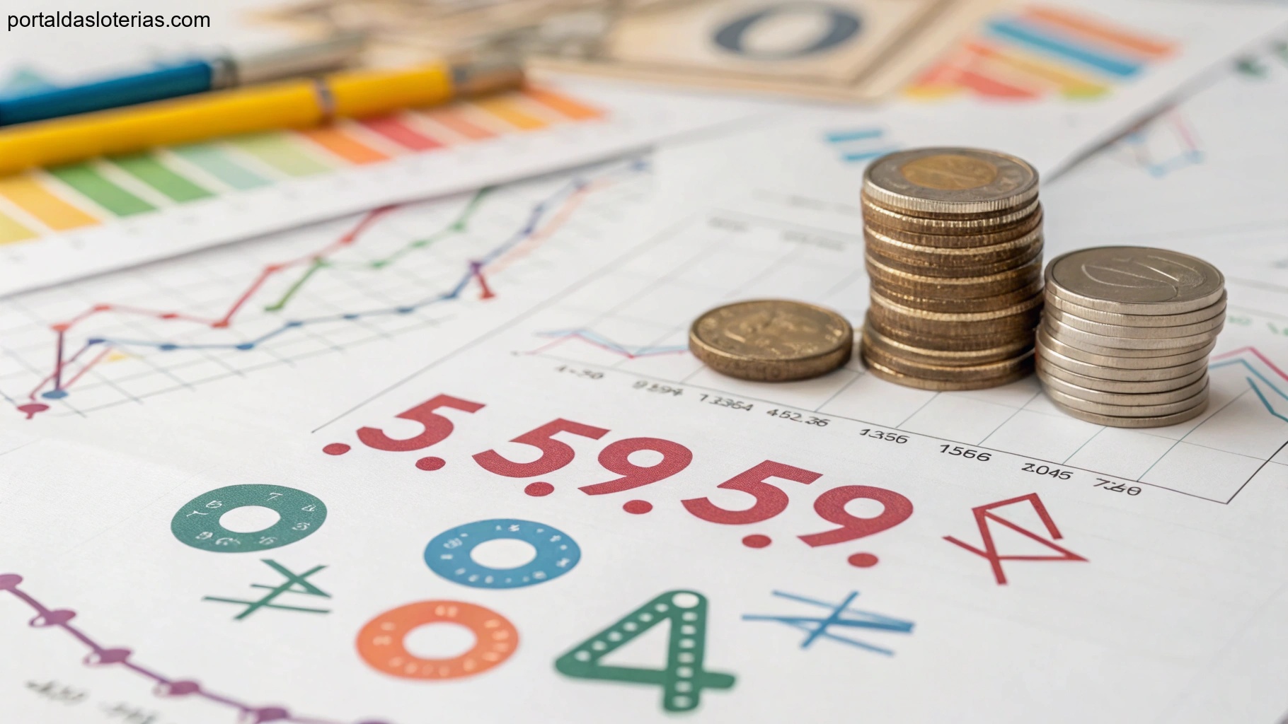 Imagem com gráficos e símbolos matemáticos representando análises de loteria.