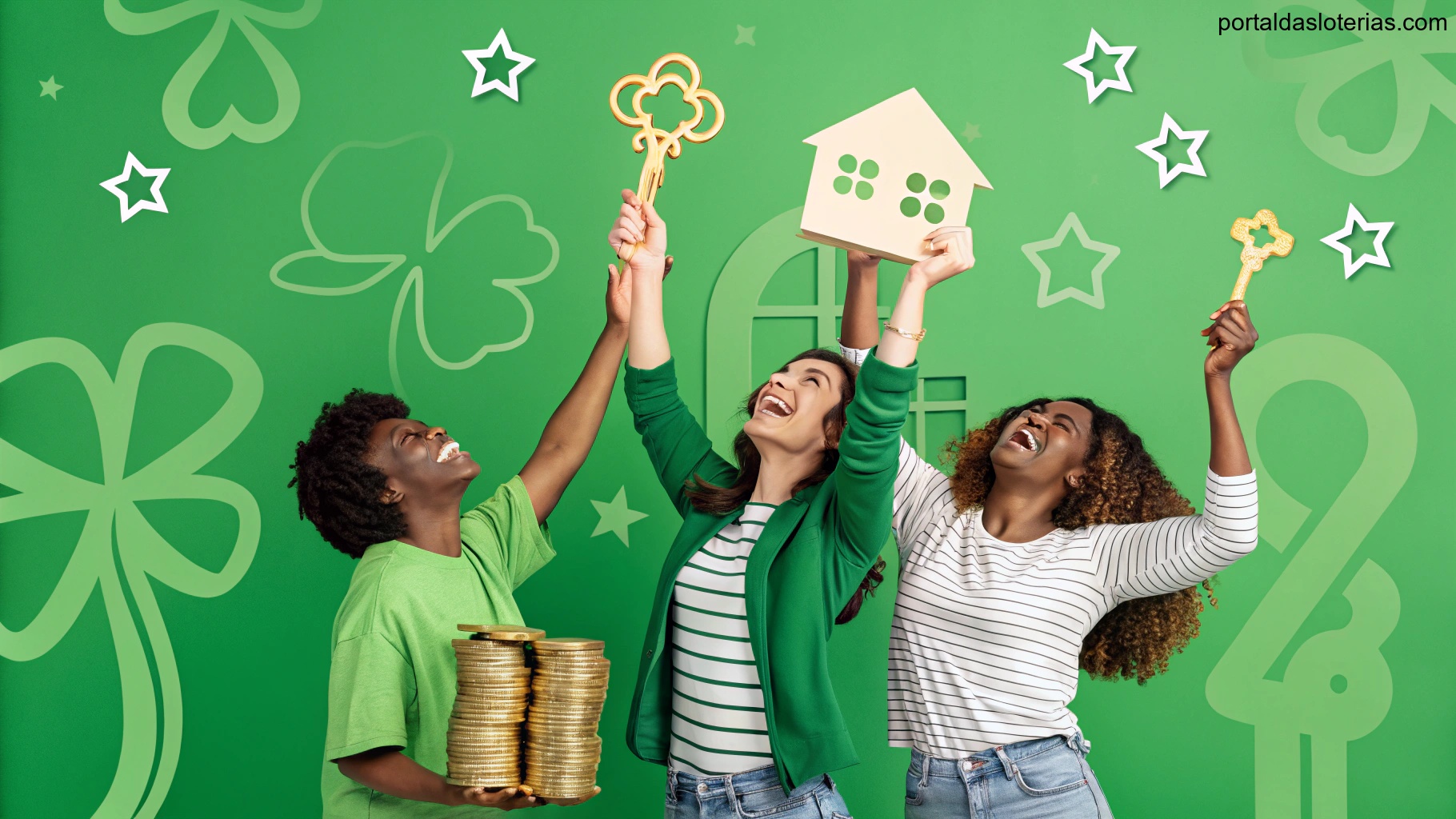 imagem de pessoas comemorando com símbolos de sorte e riqueza em tons de verde