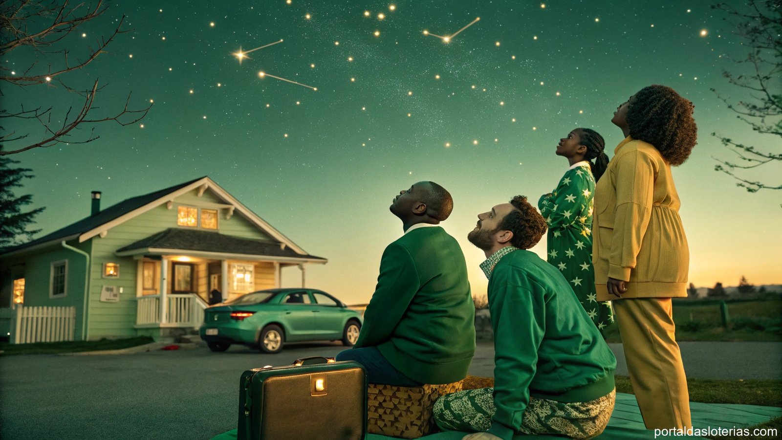 imagem de pessoas diversas olhando esperançosas para um céu estrelado, simbolizando esperança e sonhos de fortuna