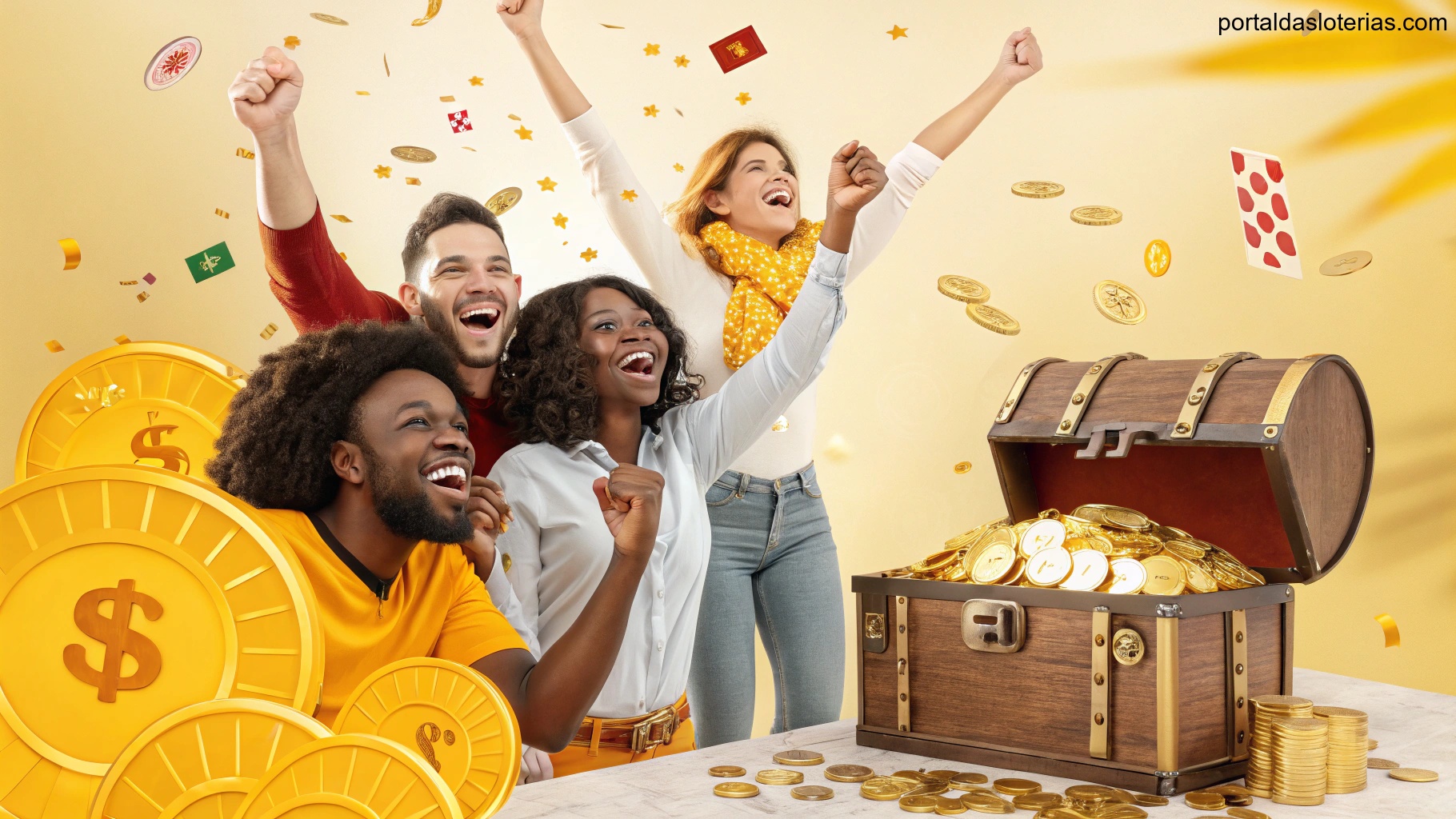 imagem de grupo celebrando sorte com símbolos de prosperidade e cores douradas