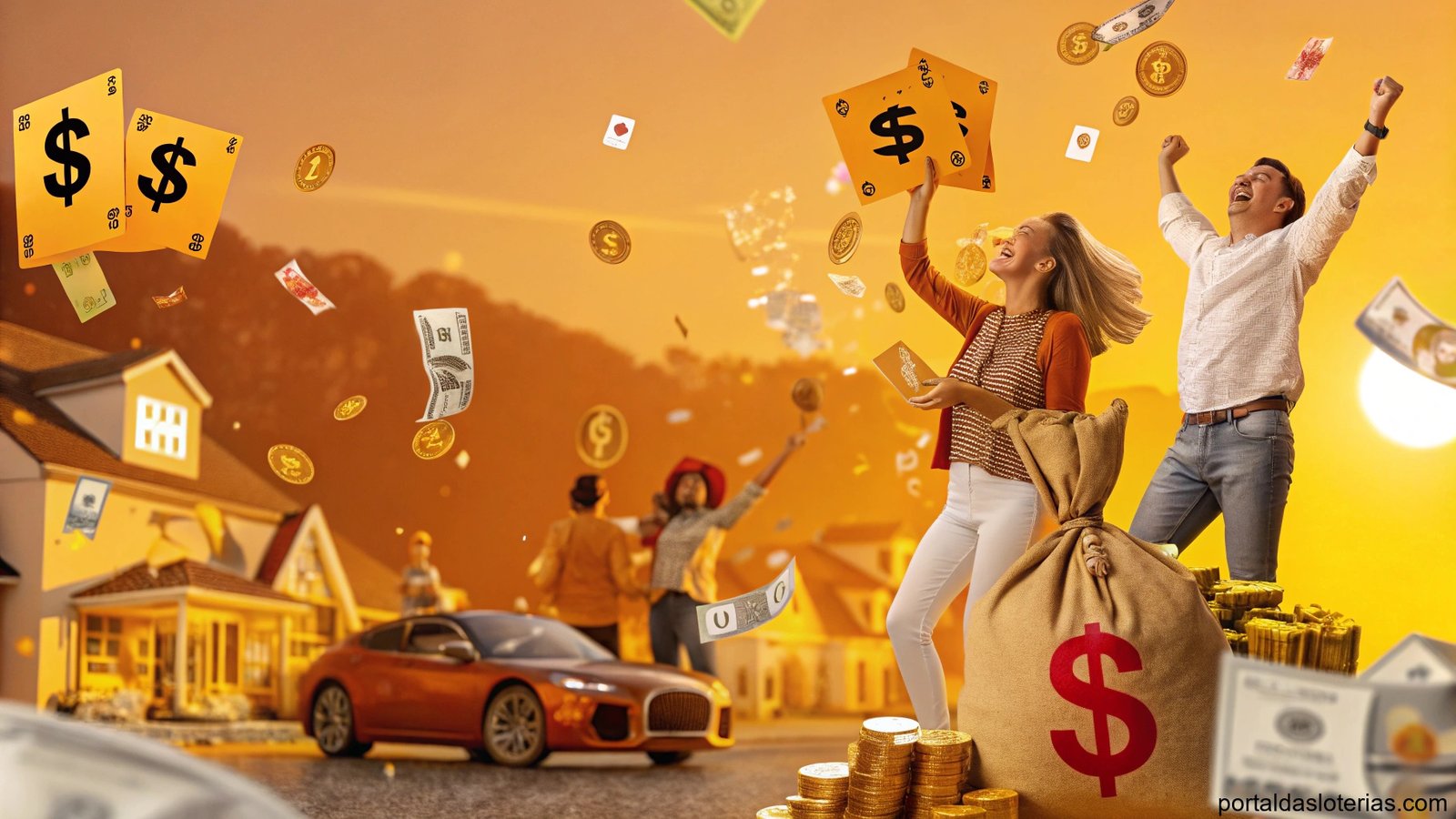 imagem de pessoas celebrando a sorte e o prêmio de loteria, com elementos de riqueza e prosperidade, como casas, carros e itens de viagem