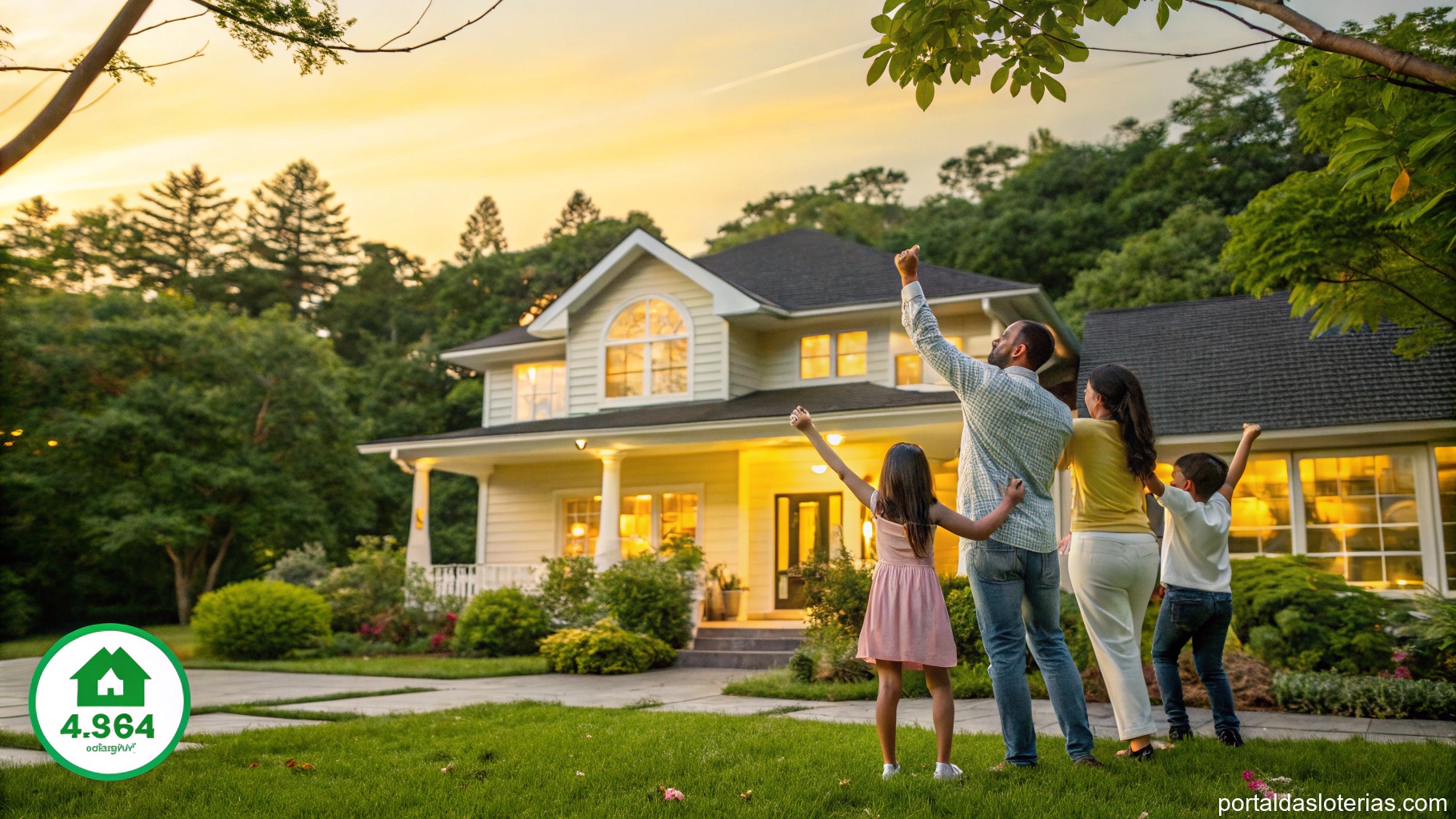 Imagem de uma família comemorando em frente a uma casa nova, simbolizando ganhos financeiros.