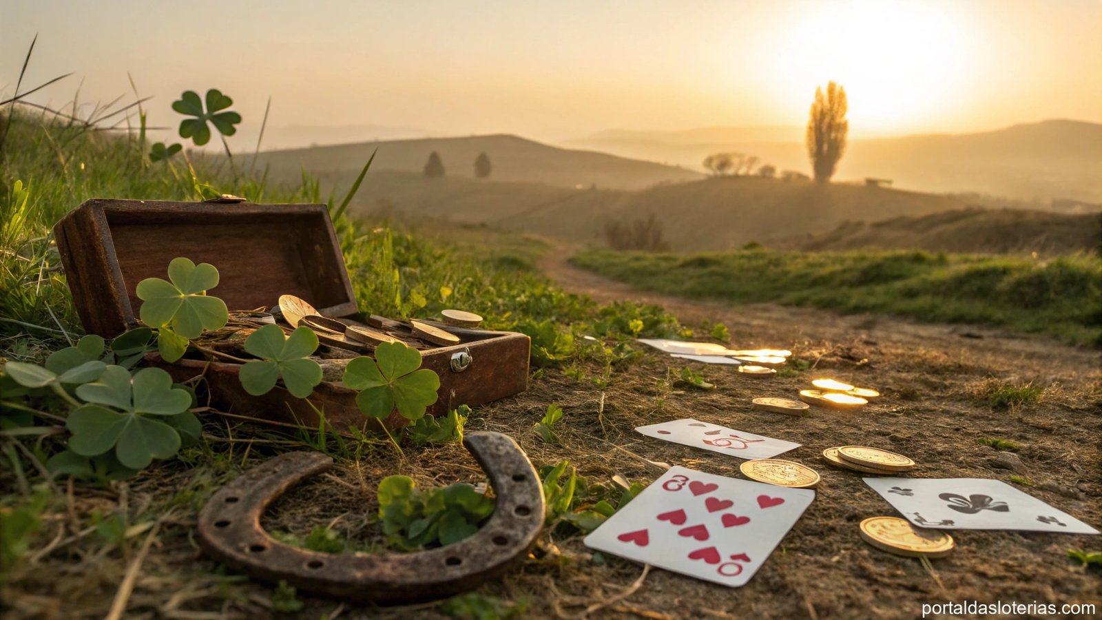 imagem conceitual de uma paisagem sonhadora simbolizando sorte e riqueza, com trevos de quatro folhas e ferraduras, moedas de ouro e baús do tesouro, sob um céu surreal em tons dourados