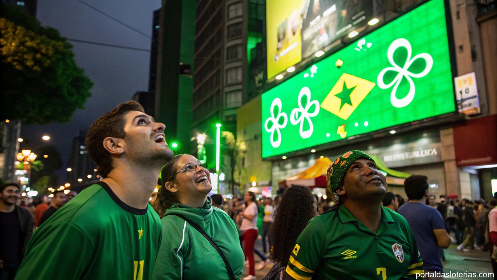 Imagem de uma rua urbana movimentada no Brasil à noite, com pessoas expressando esperança e antecipação sob um grande outdoor iluminado com símbolos da loteria.