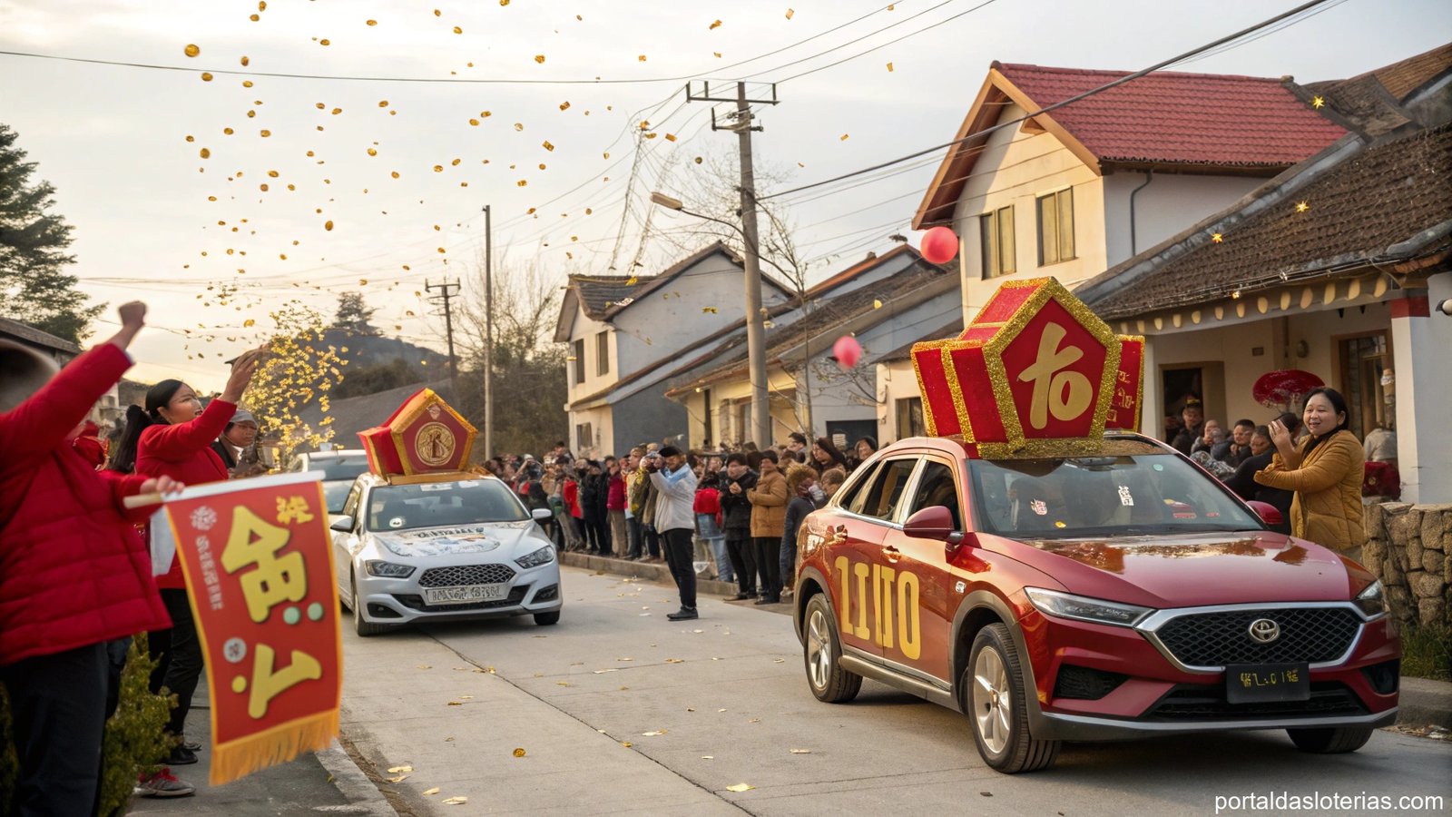 imagem de uma celebração comunitária em uma pequena cidade, onde pessoas comemoram um grande prêmio de loteria