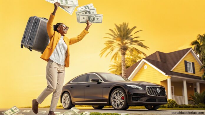 imagem de pessoa comemorando com mala de dinheiro ao fundo casa e carro, representando sorte e riqueza
