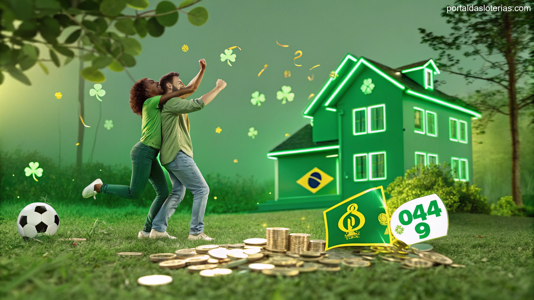 Imagem de pessoas celebrando vitória na loteria com elementos de sorte e riqueza.