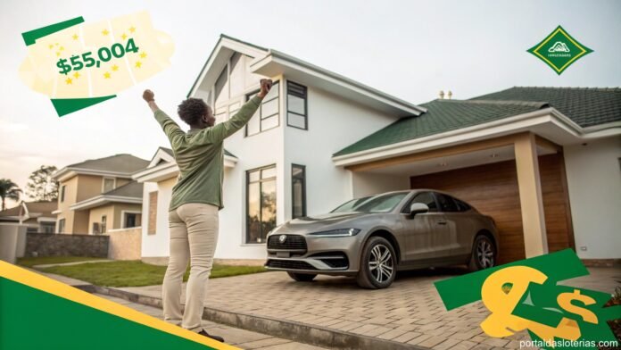 Imagem de uma pessoa celebrando sua vitória na loteria em frente a uma casa moderna com um carro luxuoso.