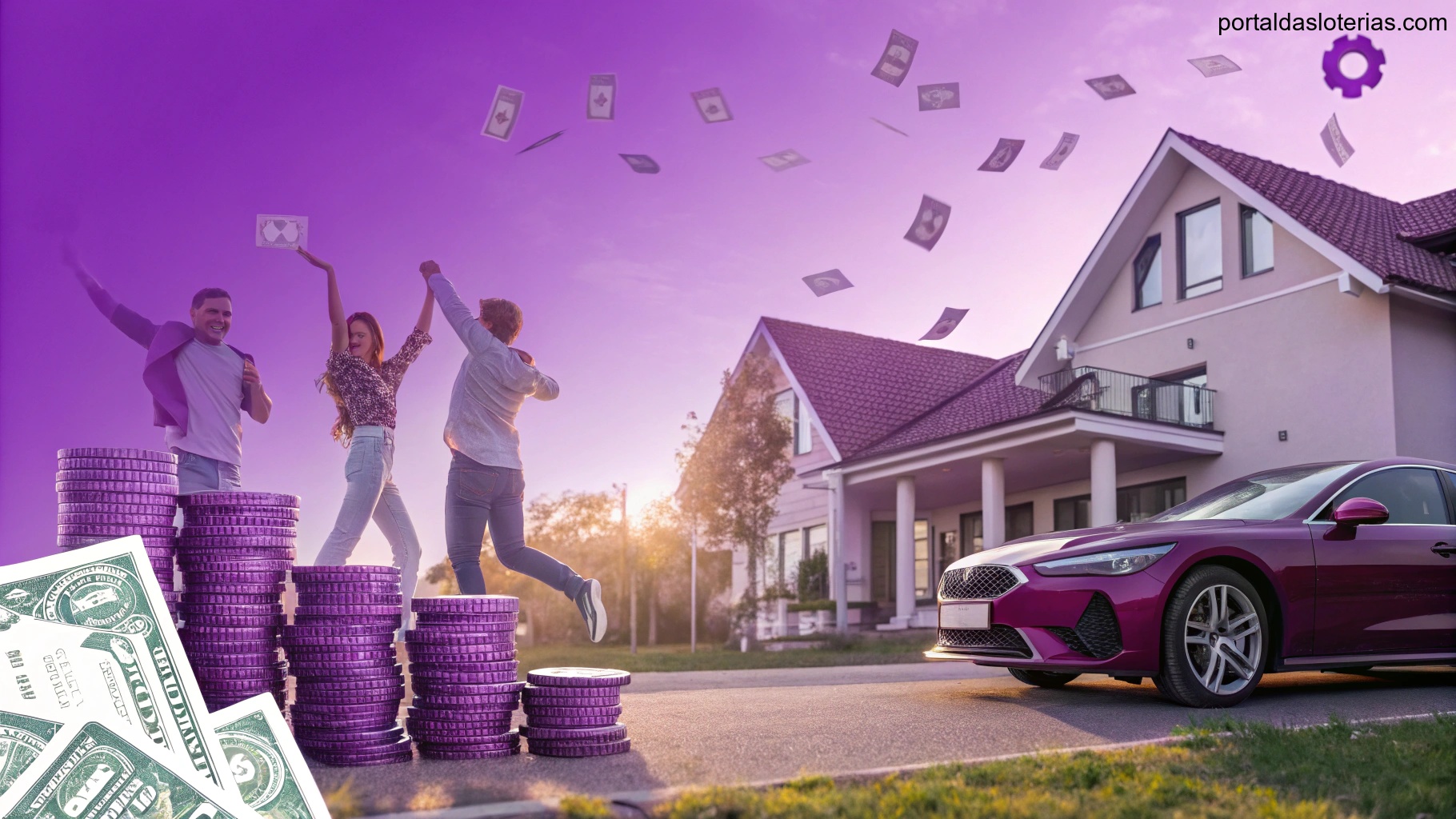 Imagem representando sorte e riqueza com símbolos como casa, carro e moedas.
