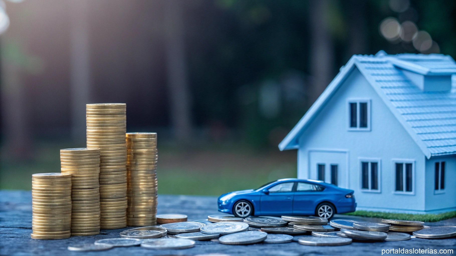 Imagem de símbolos de sorte e riqueza com casa, carro e moedas de ouro em fundo azul.
