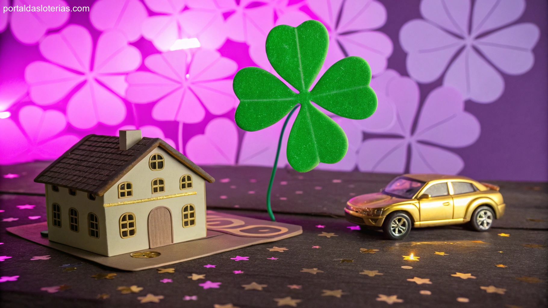 Imagem com símbolos de sorte como trevo, casa e carro dourado com cores da loteria