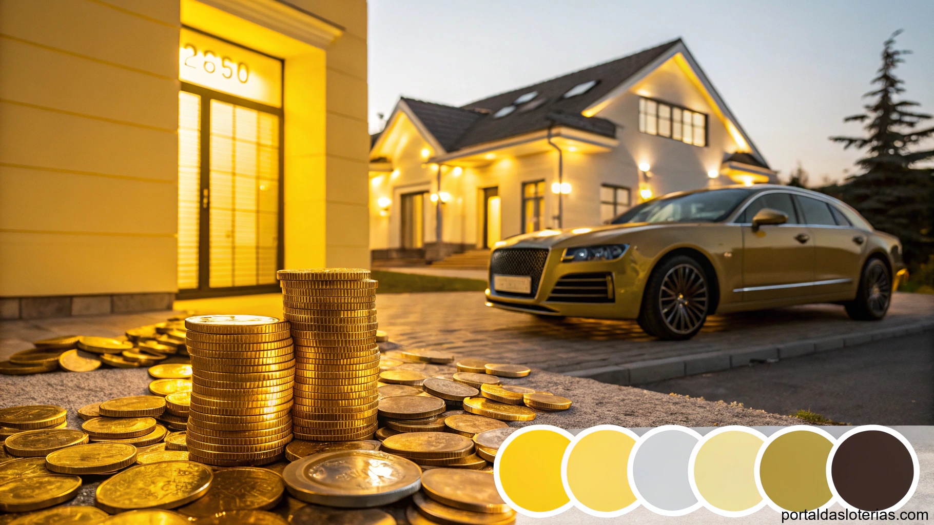 imagem de símbolos de sorte como moedas de ouro, carro luxuoso e casa iluminada