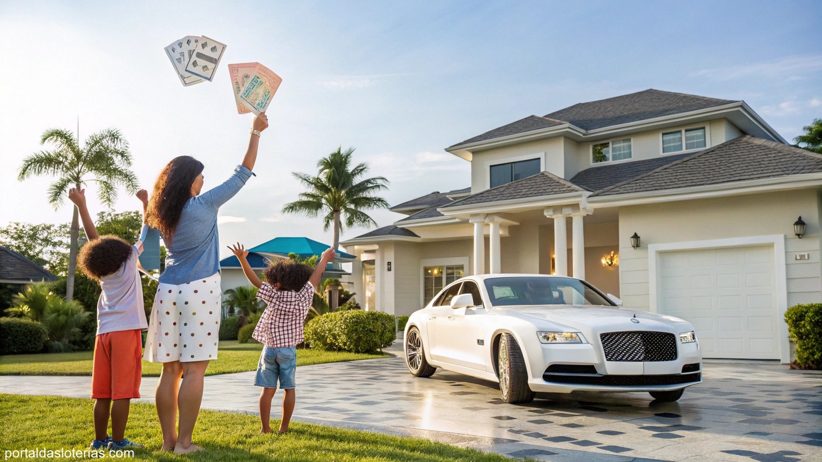 Imagem de pessoas comemorando com símbolos de riqueza como uma casa nova ou carro de luxo, representando a sorte na loteria.