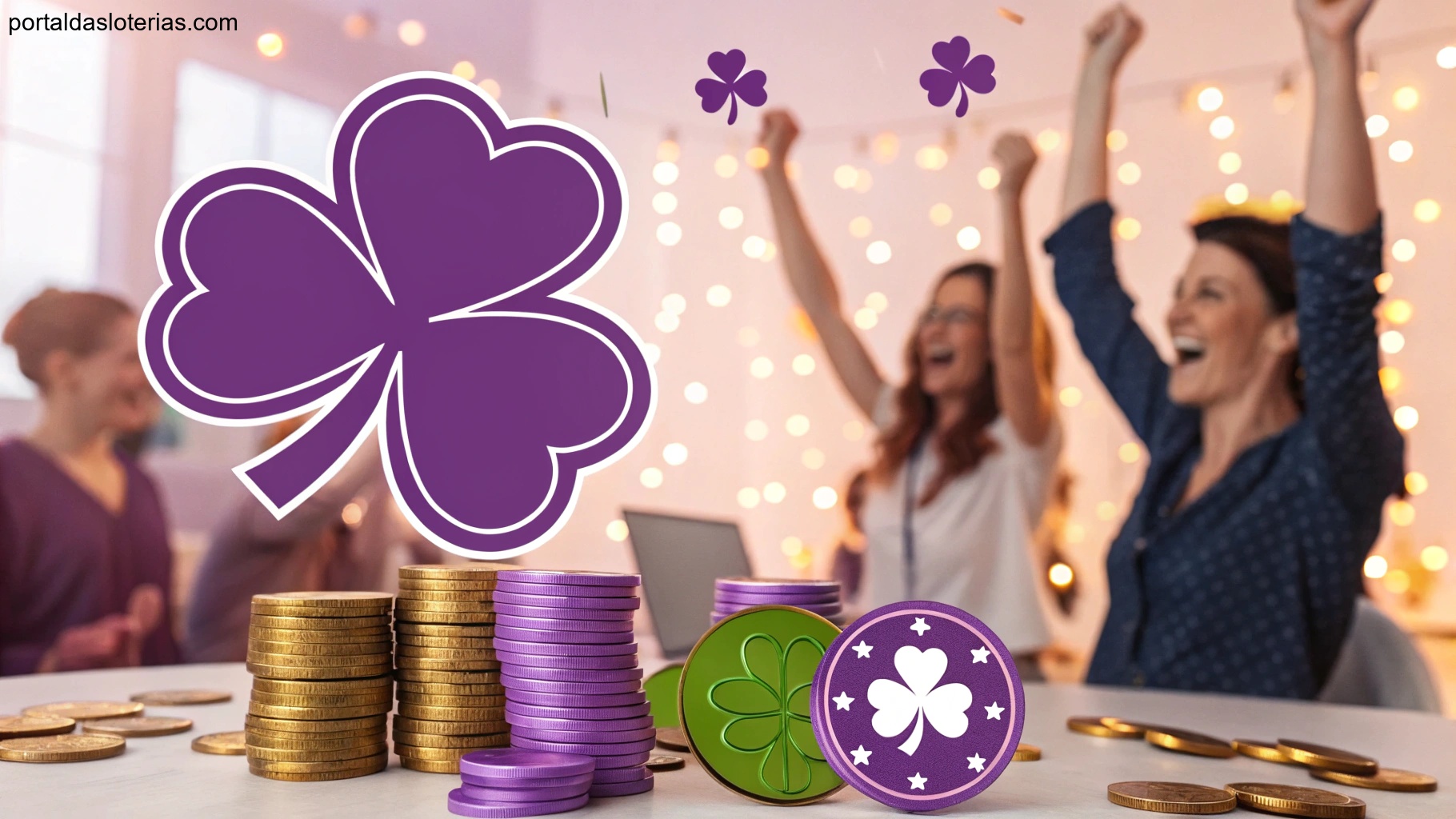 Imagem com simbolos de sorte e fortuna em tons de roxo, como trevos e moedas.