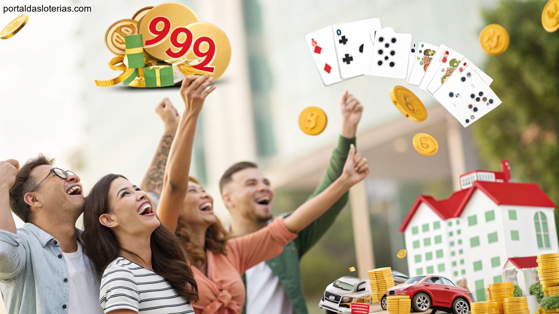 Imagem de pessoas celebrando a sorte com elementos de riqueza como moedas e veículos