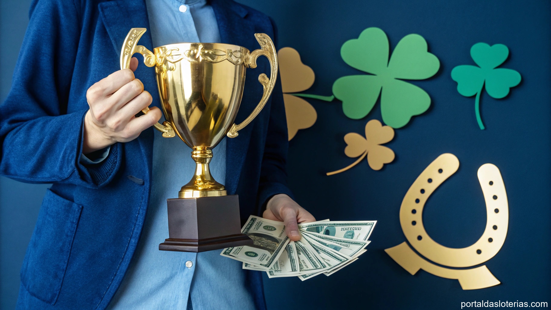 imagem de sorte, riqueza e sucesso com símbolos como trevo e troféu