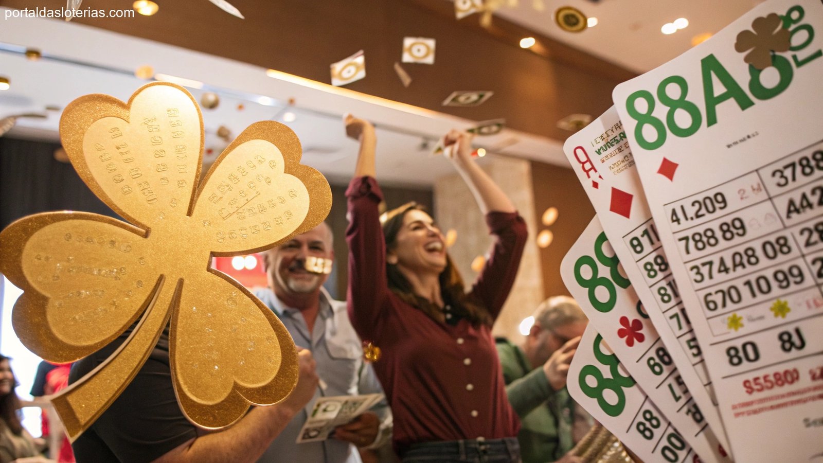 imagem de símbolos de sorte e prosperidade com pessoas celebrando, ideal para temas de loteria