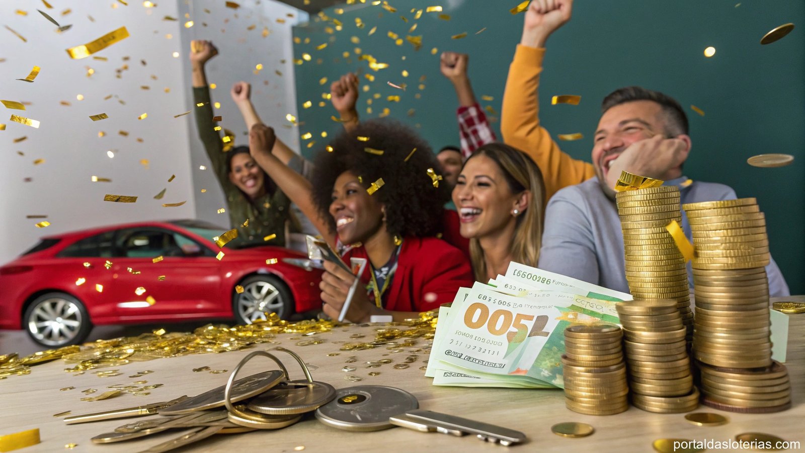 Imagem de pessoas celebrando sorte e prosperidade com simbolismo de loteria.