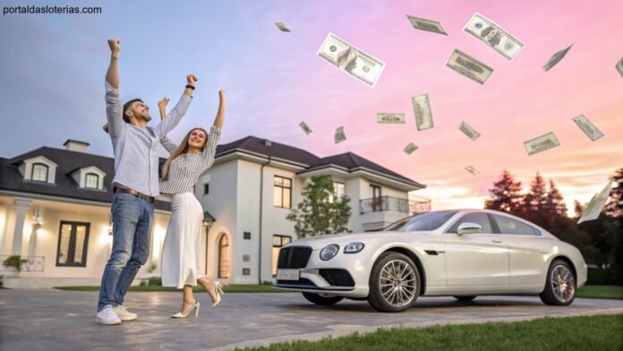 Imagem de um casal celebrando com casa e carro, simbolizando fortuna e sonhos realizados