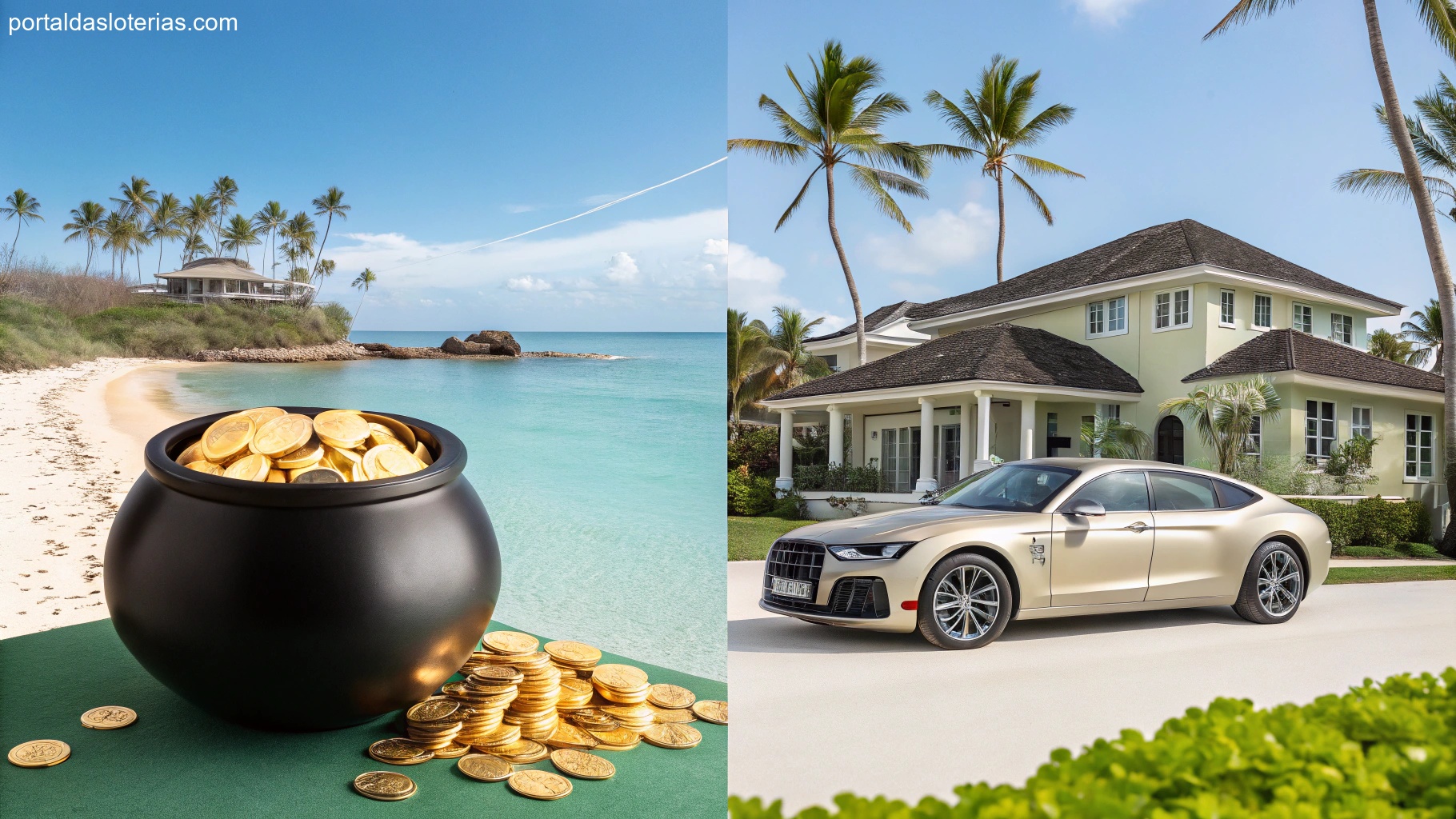 imagem de símbolos de sorte e riqueza como casa, carro, e pote de ouro