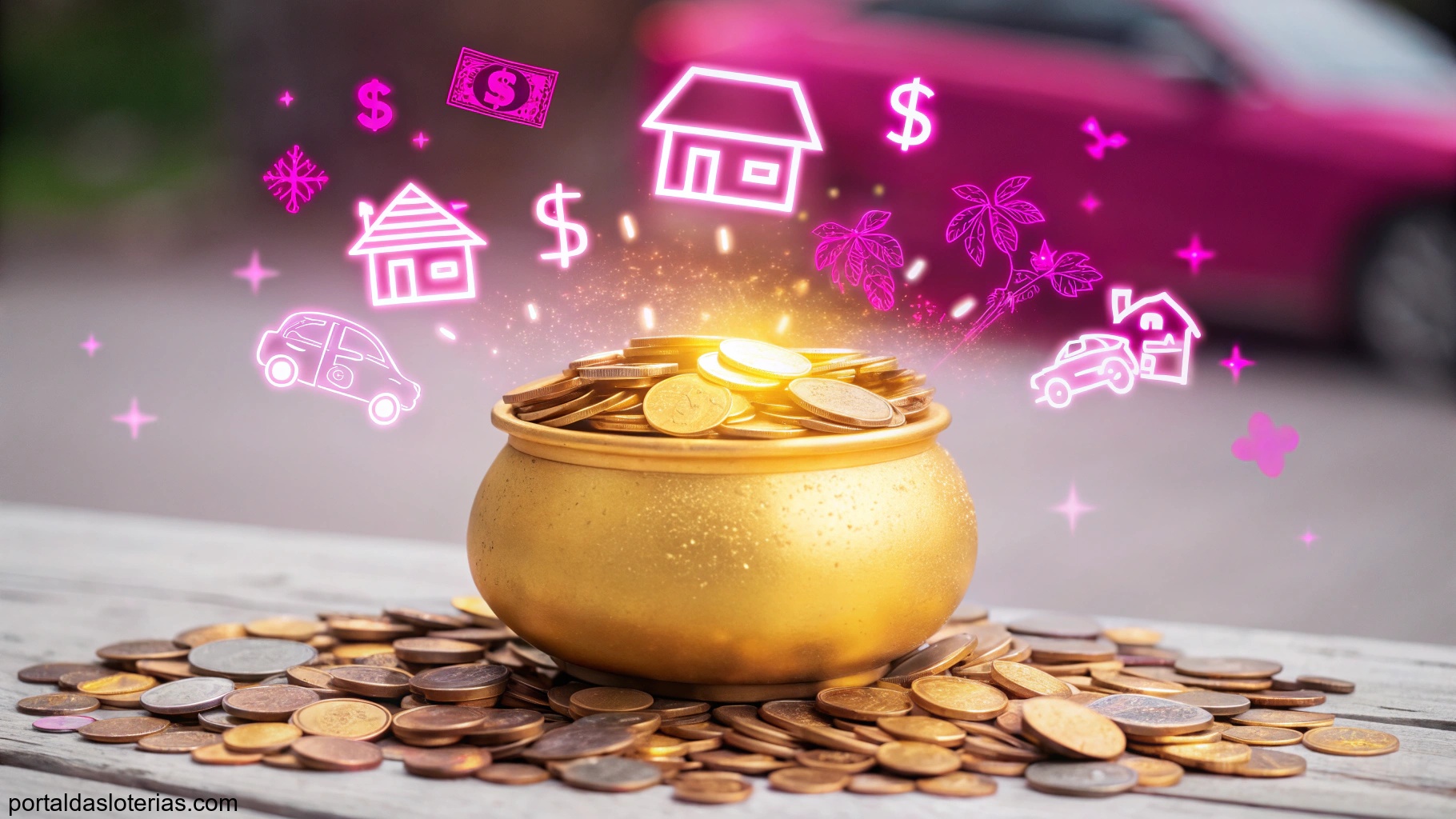 Imagem de um pote dourado com moedas, simbolizando sorte e fortuna, com fundo roxo vibrante.