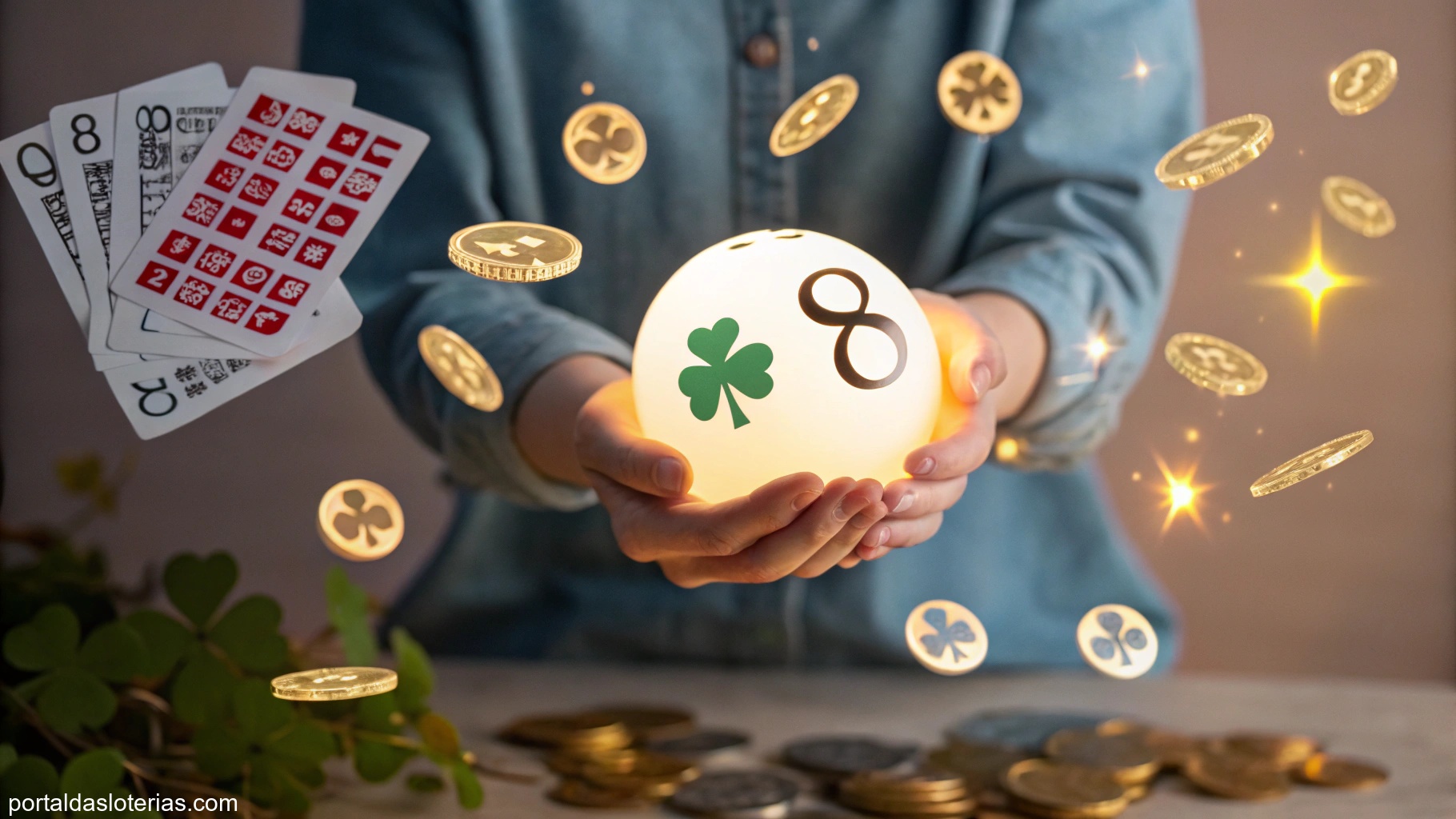 imagem de uma pessoa segurando uma bola de loteria brilhante com símbolos de sorte e riqueza
