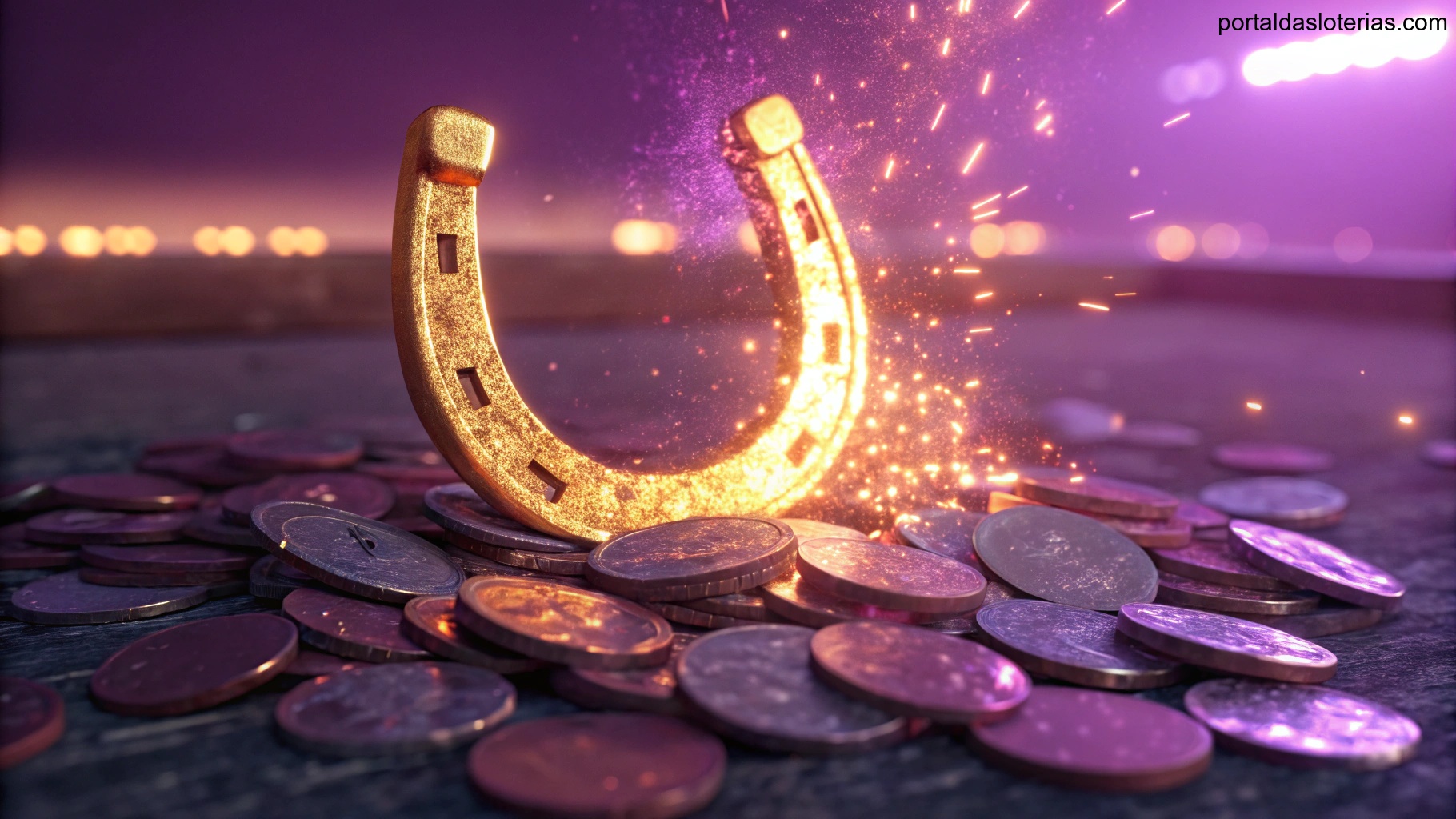 imagem de símbolo de sorte com ferradura dourada e moedas brilhantes