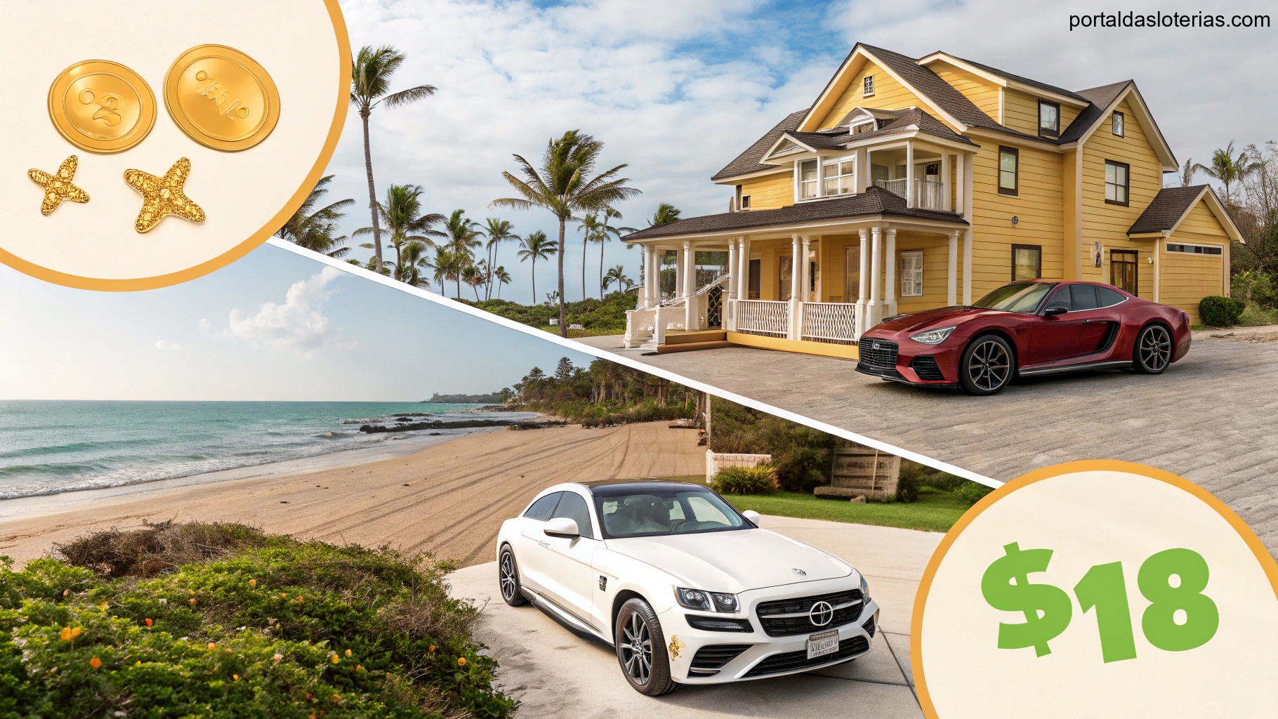 imagem de símbolos de sorte e riqueza, como uma casa luxuosa e carro em tons azulados