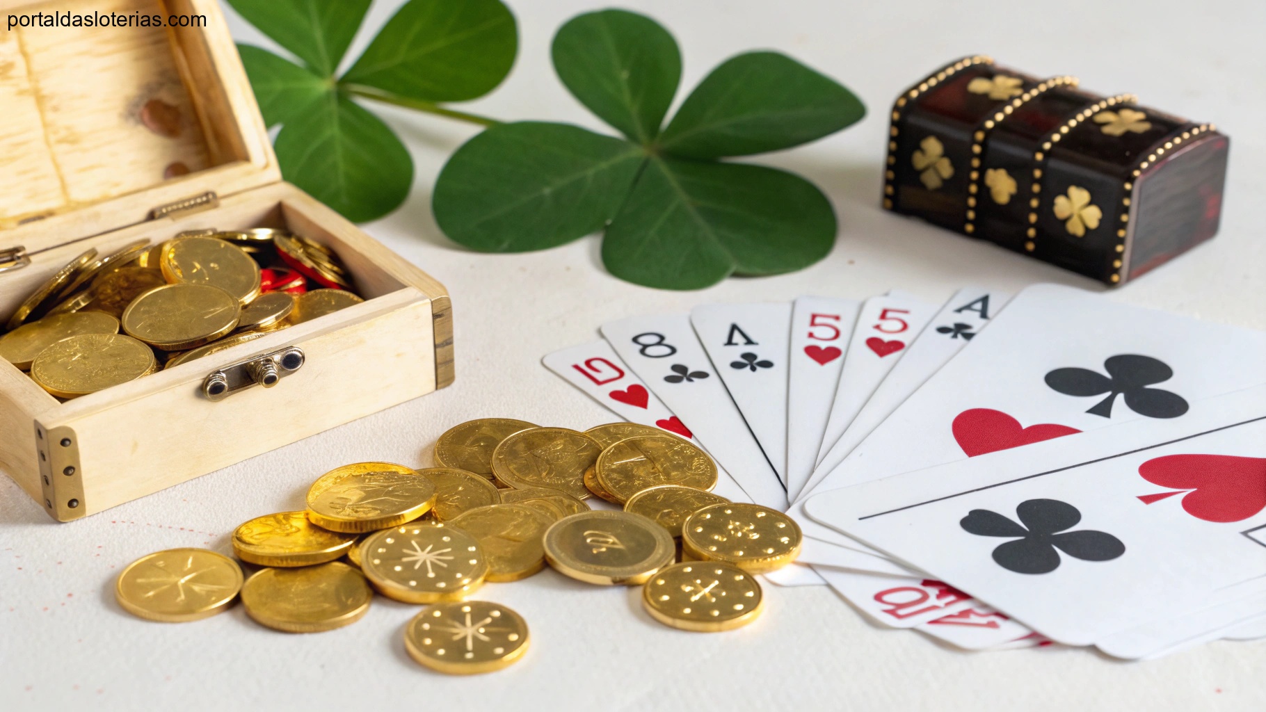 Imagem de elementos associados à sorte e riqueza, como trevo dourado e baú brilhante.