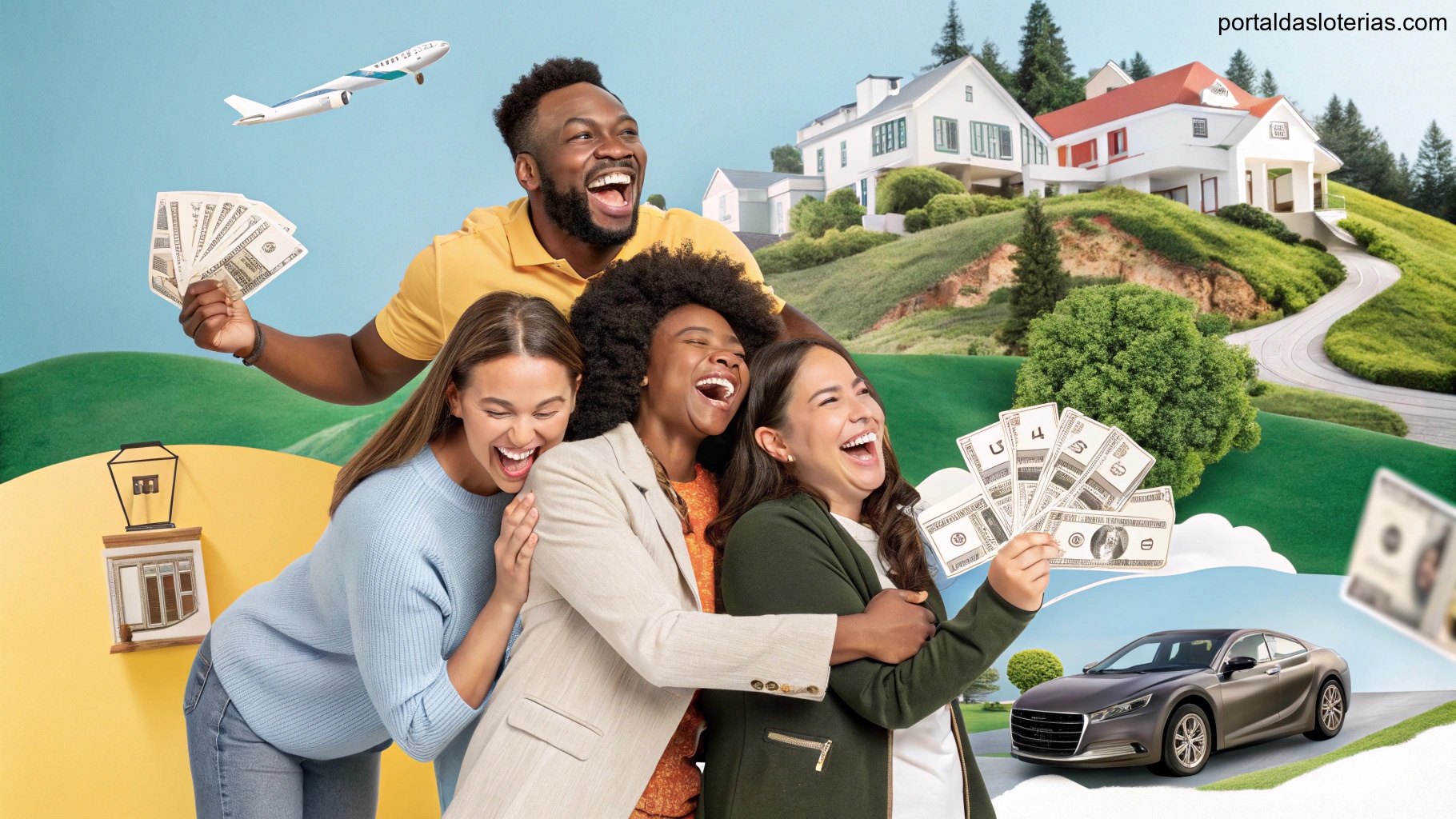 Imagem de pessoas celebrando um prêmio de loteria, representando sorte e prosperidade