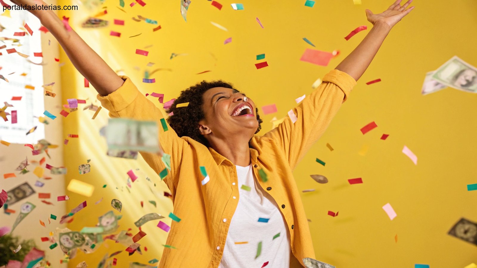 Imagem de uma pessoa celebrando com confetes simbolizando sorte e fortuna