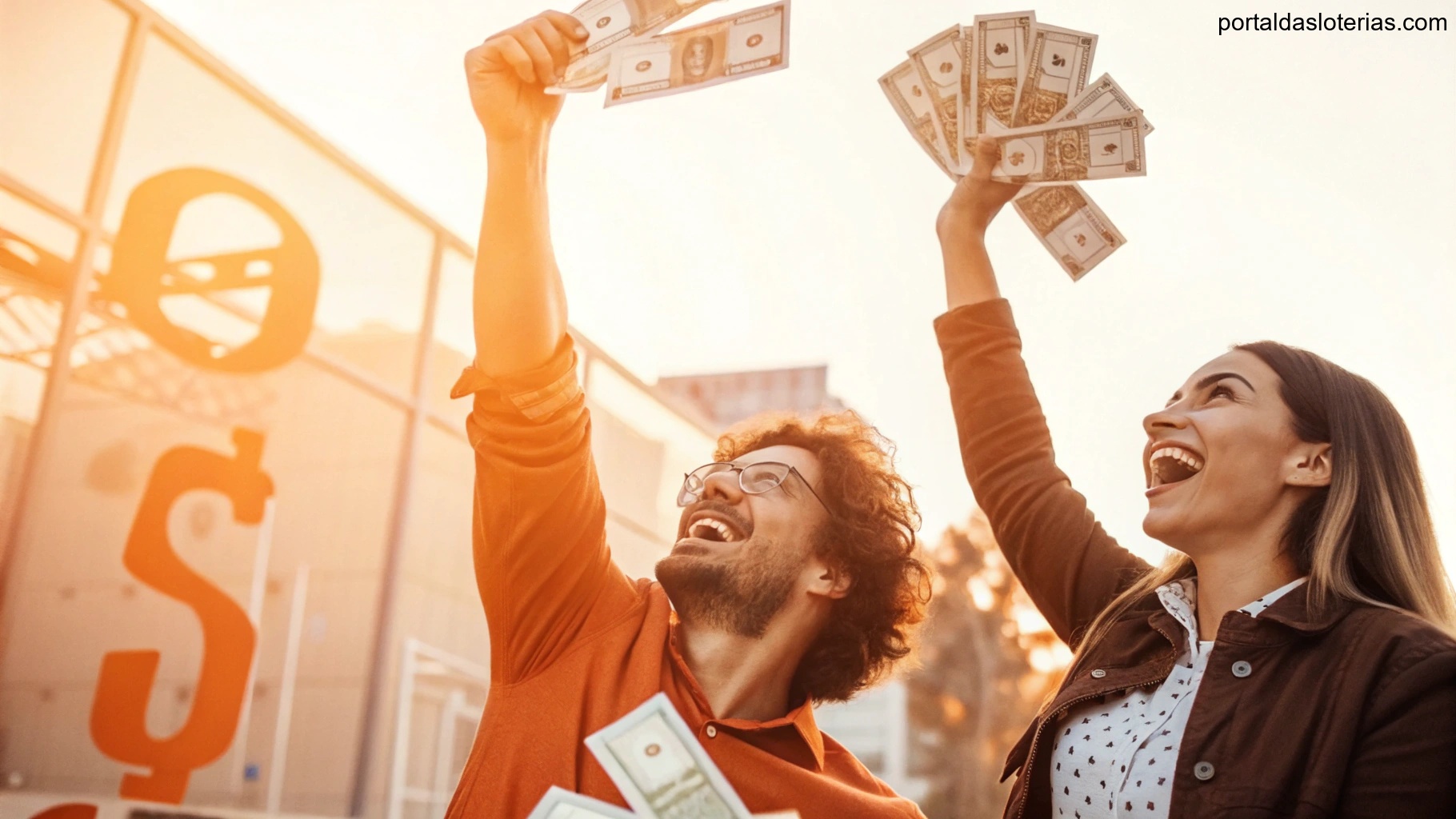 imagem de pessoas comemorando um prêmio de loteria com tons quentes e elementos de sorte e dinheiro