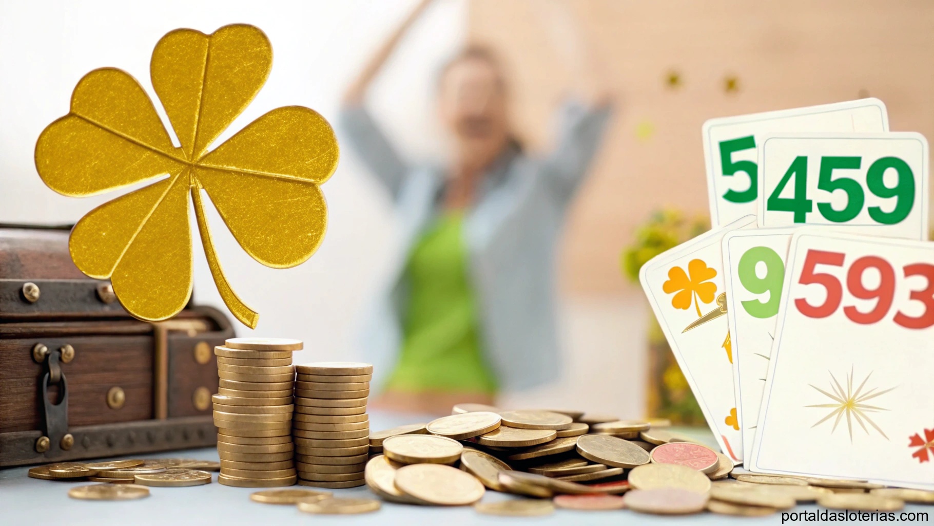 Imagem de um trevo dourado com moedas simbolizando sorte e prosperidade