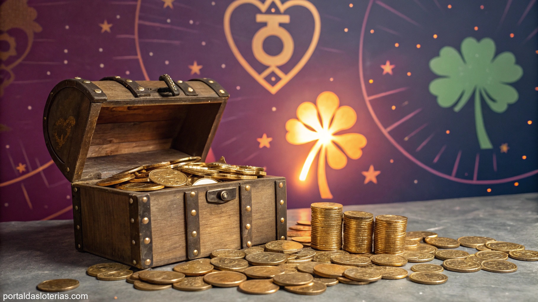 Imagem com símbolos de sorte e riqueza como moedas de ouro e baú do tesouro.