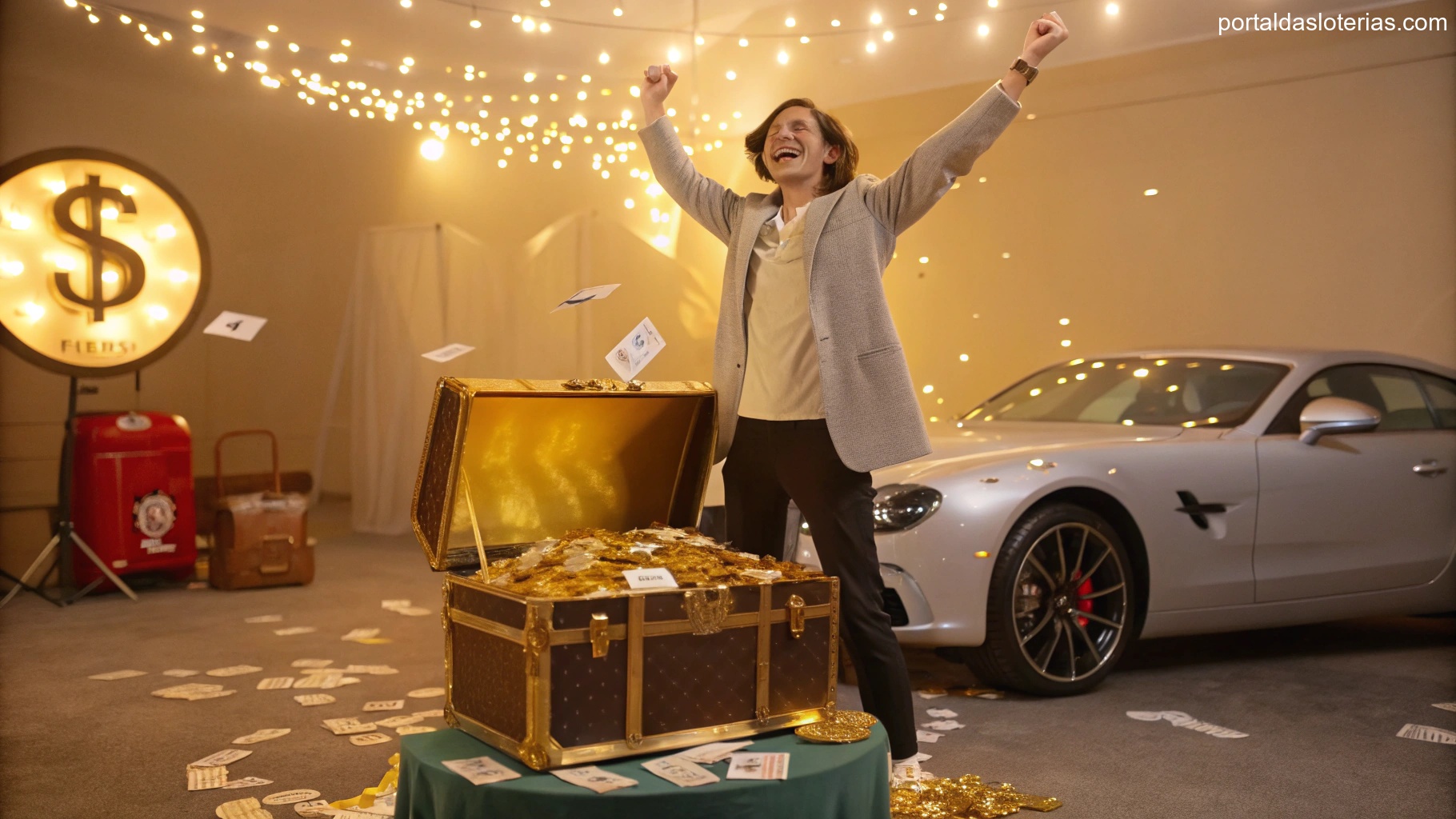 imagem de pessoa comemorando um prêmio com cores vibrantes representando sorte e riqueza