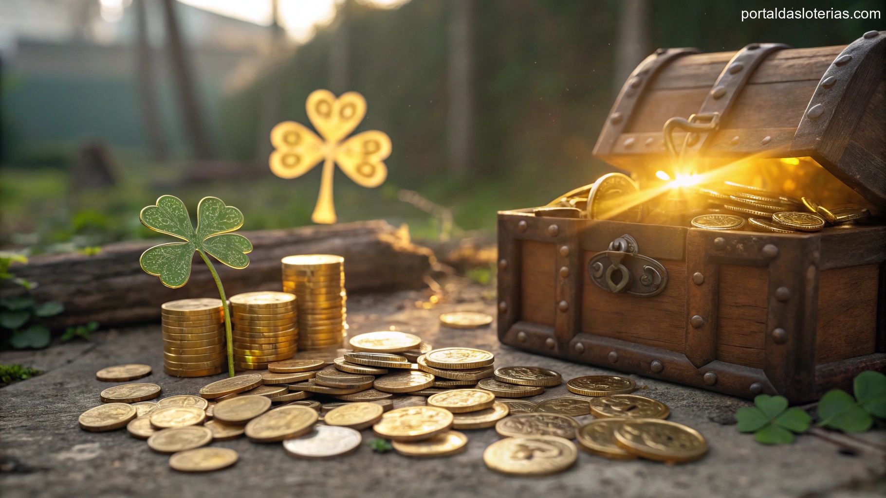 Imagem de símbolos de sorte como trevo dourado e moedas brilhantes em uma paleta dourada.