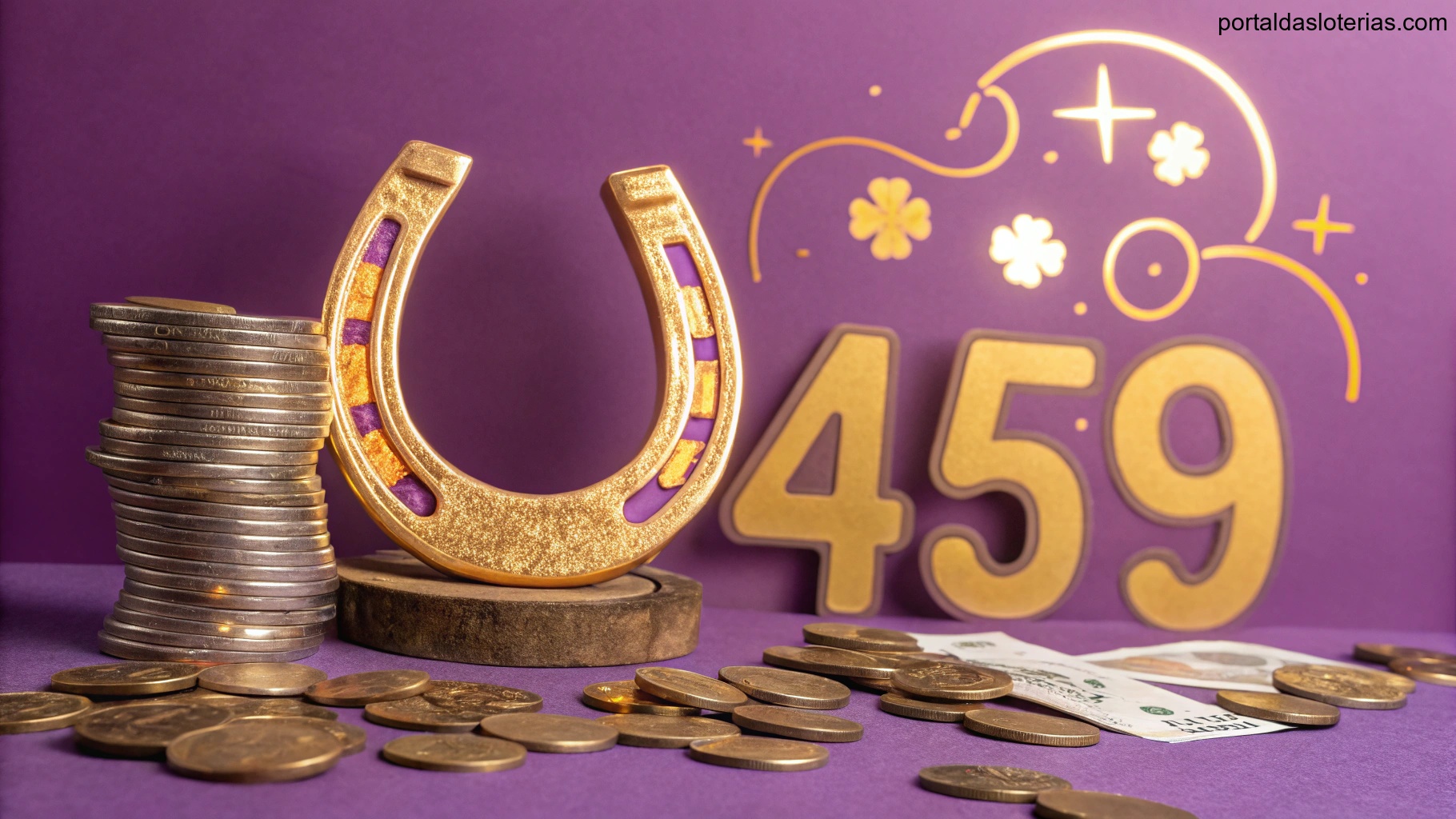 Imagem de símbolos da sorte e riqueza com cores vibrantes, incluindo roxo e dourado.