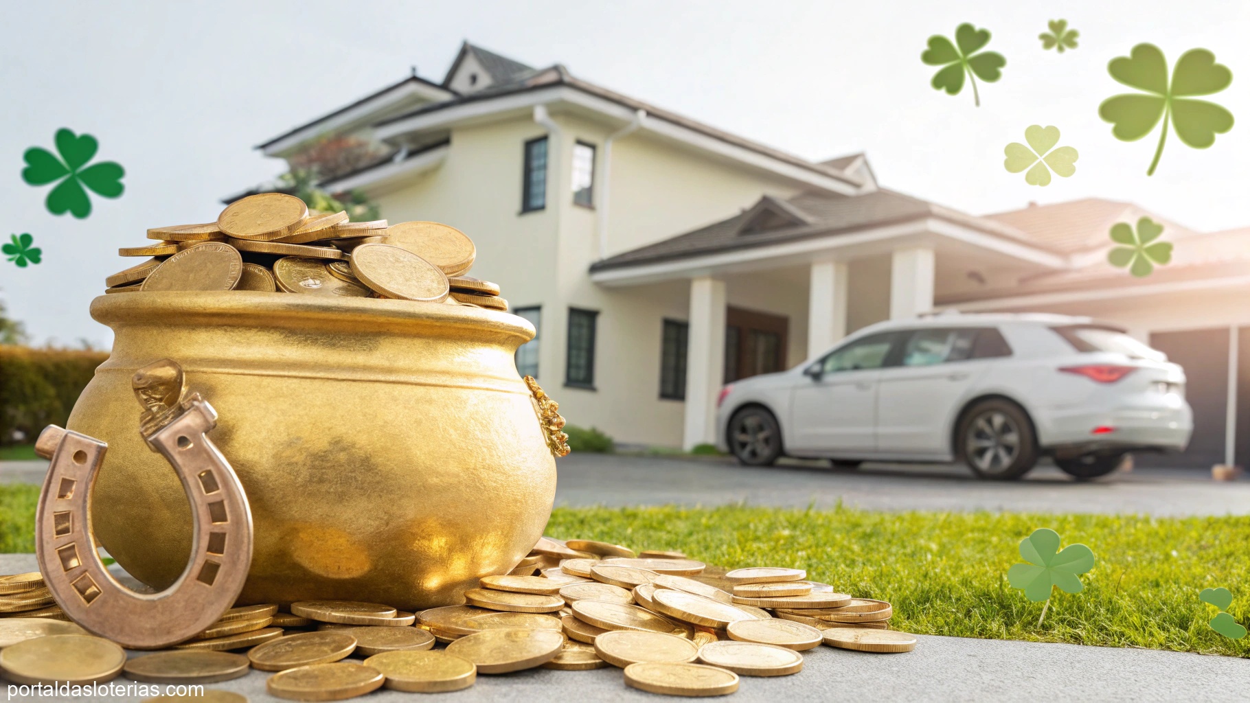 Imagem de símbolos de sorte como pote de ouro, casa e carro, representando prosperidade.