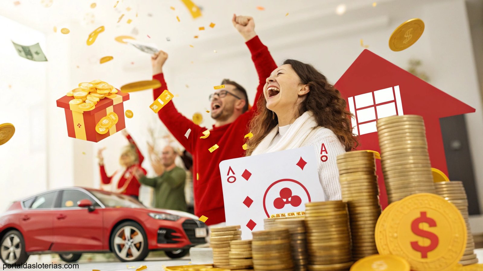 imagem de pessoas celebrando sorte e prosperidade com casa, carro e moedas de ouro